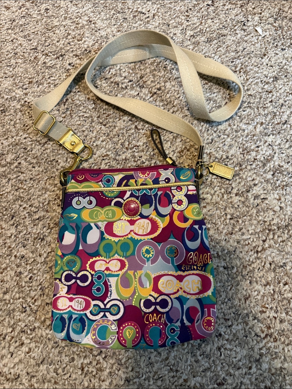 Coach Multicolor Logo Print Crossbody with Cream Strap Vintage
